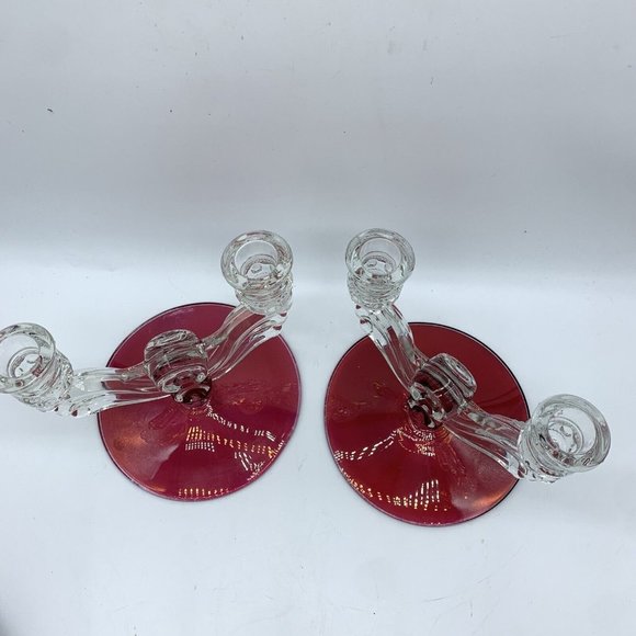 2 Tiffin-Franciscan King's Crown-Ruby Flashed  Double Light Candlestick Holders - Picture 2 of 10